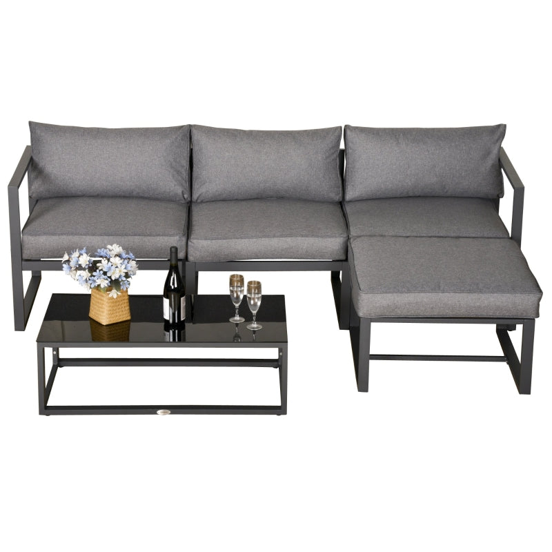 Outsunny 5 Pieces Outdoor Patio Furniture Set, Sofa Couch with Glass Coffee Table, Cushioned Chairs and Metal Frame, for Balcony Garden Backyard, Grey