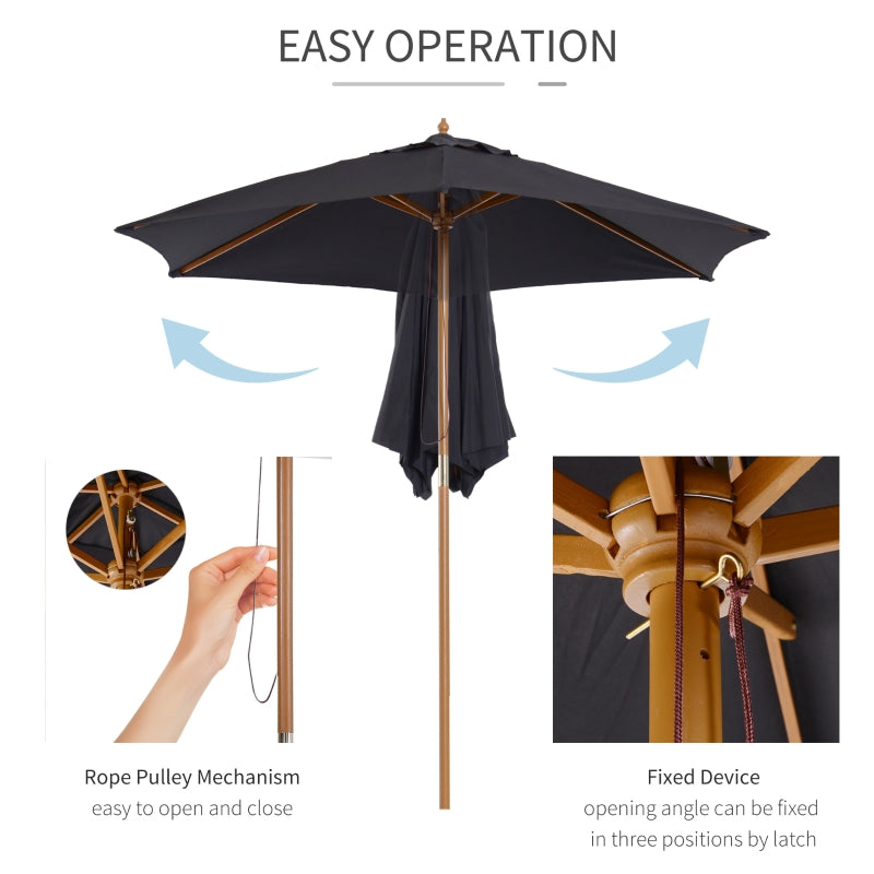 Outsunny 2.5m Wooden Garden Patio Parasol Umbrella-Black