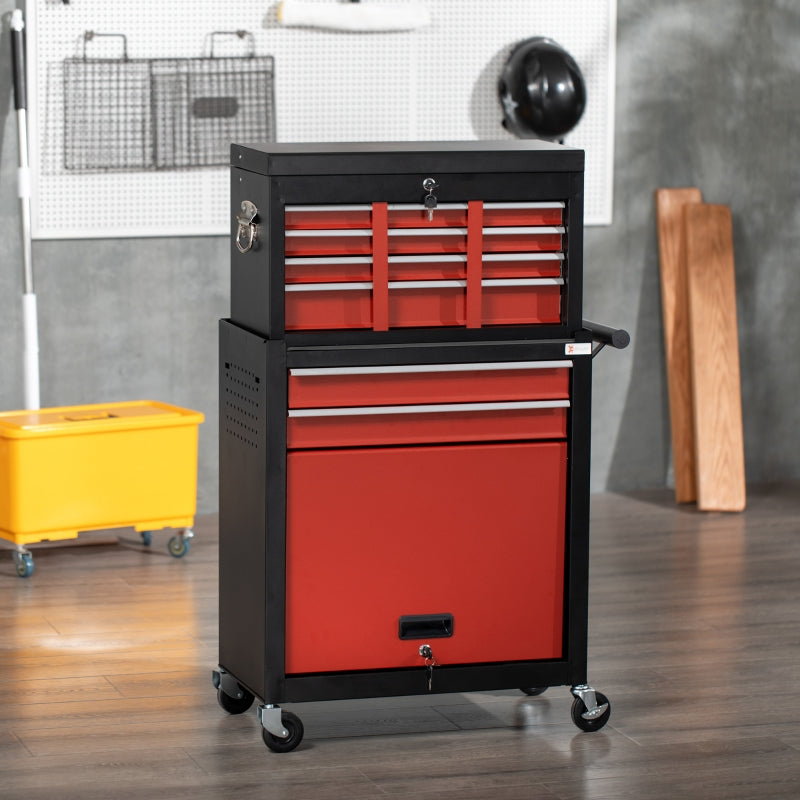 DURHAND Tool Cabinet Cart, Workshop Trolley on Wheels, 6 Drawer with Ball Bearing Slides, Lockable Roll Cab, Black and Red