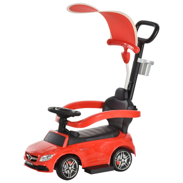 HOMCOM 3 in 1 Ride On Push Along Car Mercedes Benz for Toddlers Stroller Sliding Walking Car with Sun Canopy Horn Safety Bar Cup Holder Ride on Toy