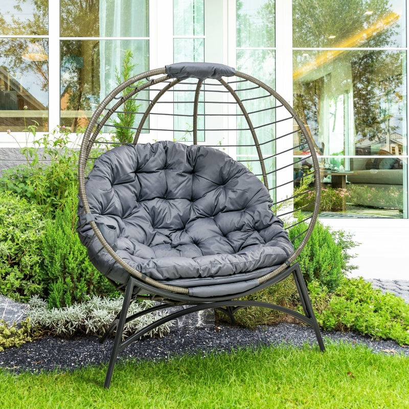 Outsunny Folding Rattan Egg Chair, Freestanding Basket Chair with Cushion, Bottle Holder Bag for Outdoor or Indoor, Grey and Black