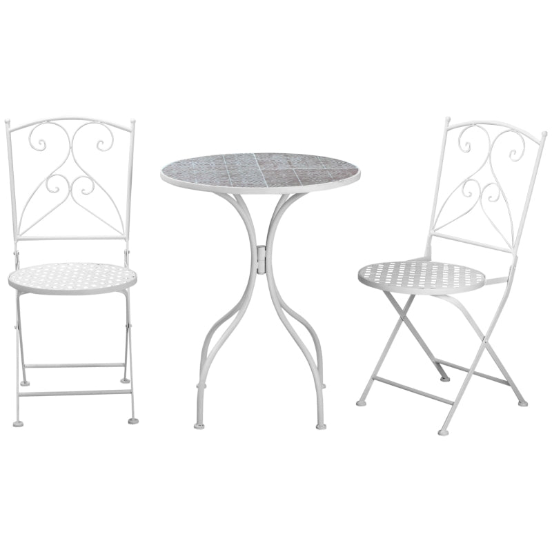 Outsunny 3 Piece Garden Bistro Set, Folding Outdoor Chairs and Mosaic Round Tabletop for Outdoor, Metal, Balcony, Poolside, White