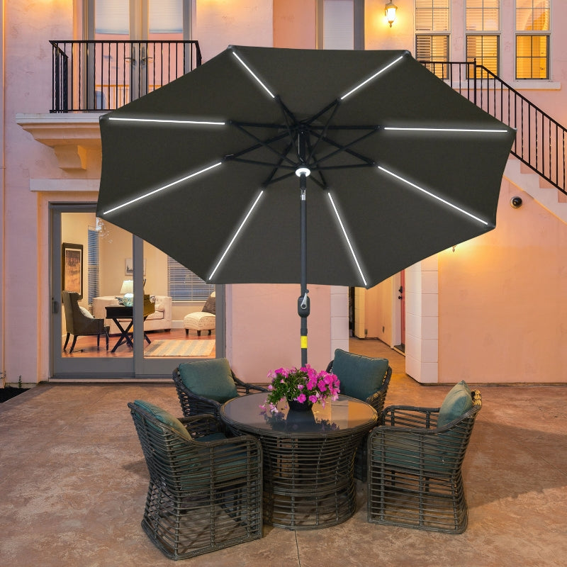 Outsunny 2.7m Garden Parasol Sun Umbrella Patio Summer Shelter w/ LED Solar Light, Angled Canopy Vent, Crank Tilt, Grey