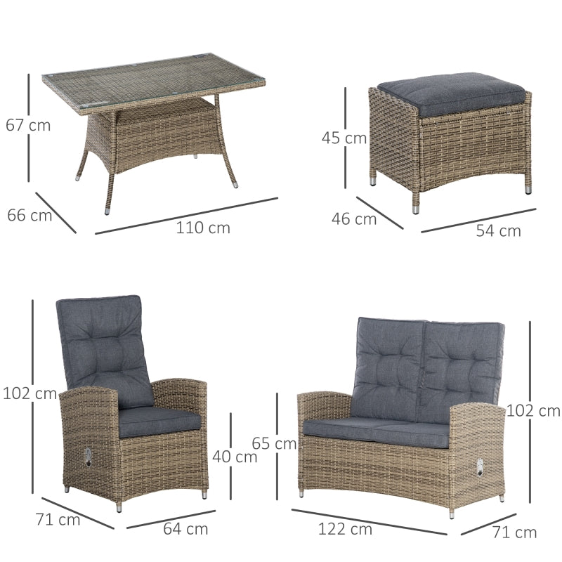 Outsunny 6 Pieces PE Rattan Dining Set, Patio Wicker Conversation Furniture, Tempered Glass Table-top Dining Table w/ Storage Layer, Mixed Grey