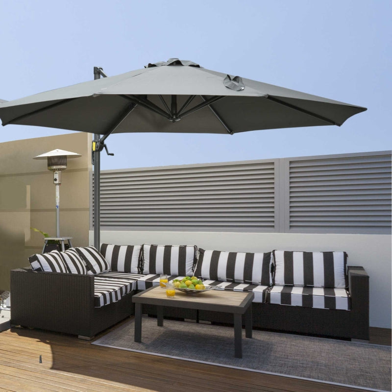 Outsunny 3(m) Patio Offset Parasol Roma Umbrella Cantilever Hanging Sun Shade Canopy Shelter 360° Rotation with Cross Base - Dark Grey