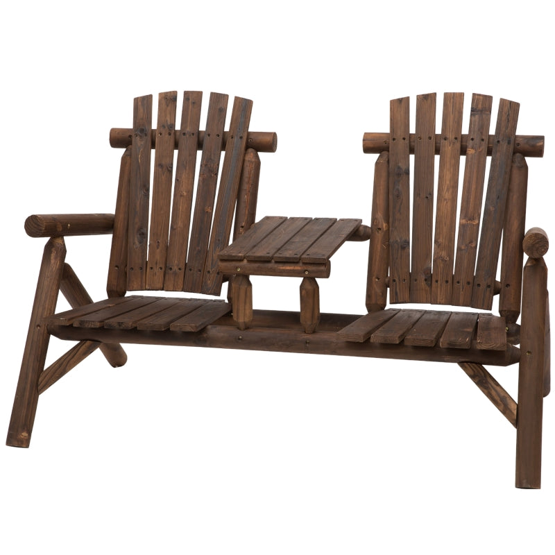 Outsunny Wood Patio Chair Bench 2 Seats with Center Coffee Table, Garden Loveseat Bench Backyard, Perfect for Lounging Relaxing Outdoors, Carbonized