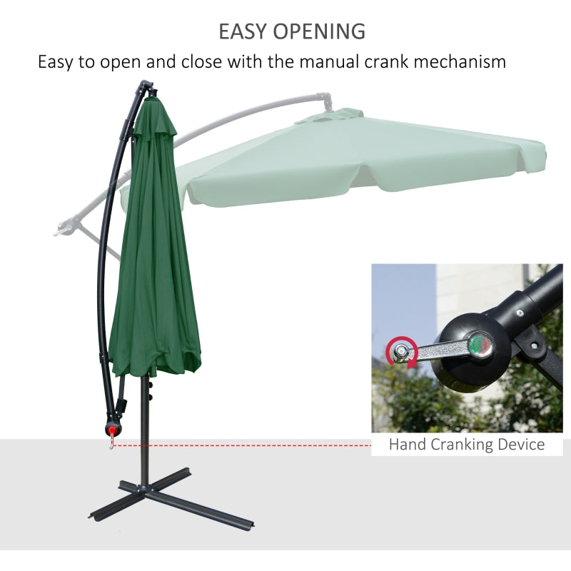 Outsunny 2.7m Garden Parasol Cantilever Umbrella with Crank Handle and Cross Base for Outdoor, Hanging Sun Shade, Green