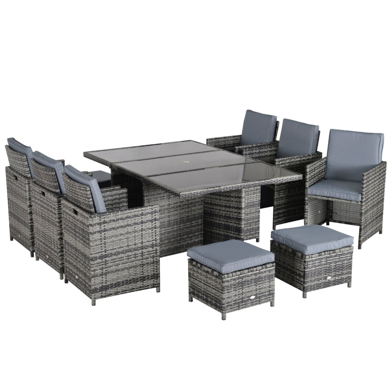 Outsunny Outdoor 11pc Rattan Garden Furniture Patio Dining Set 10-seater Cube Sofa Weave Wicker 6 Chairs 4 Footrests & 1 Table Mixed Grey