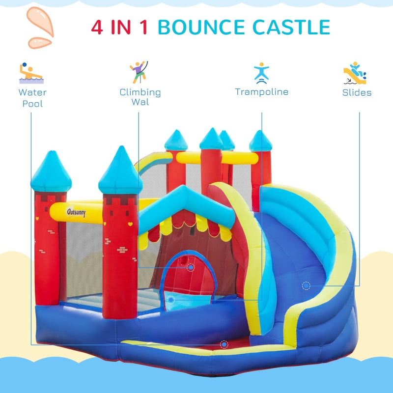 Outsunny 4 in 1 Kids Bounce Castle Large Inflatable House Trampoline Slide Water Pool Climbing Wall for Kids Age 3-8, 2.9 x 2.7 x 2.3m