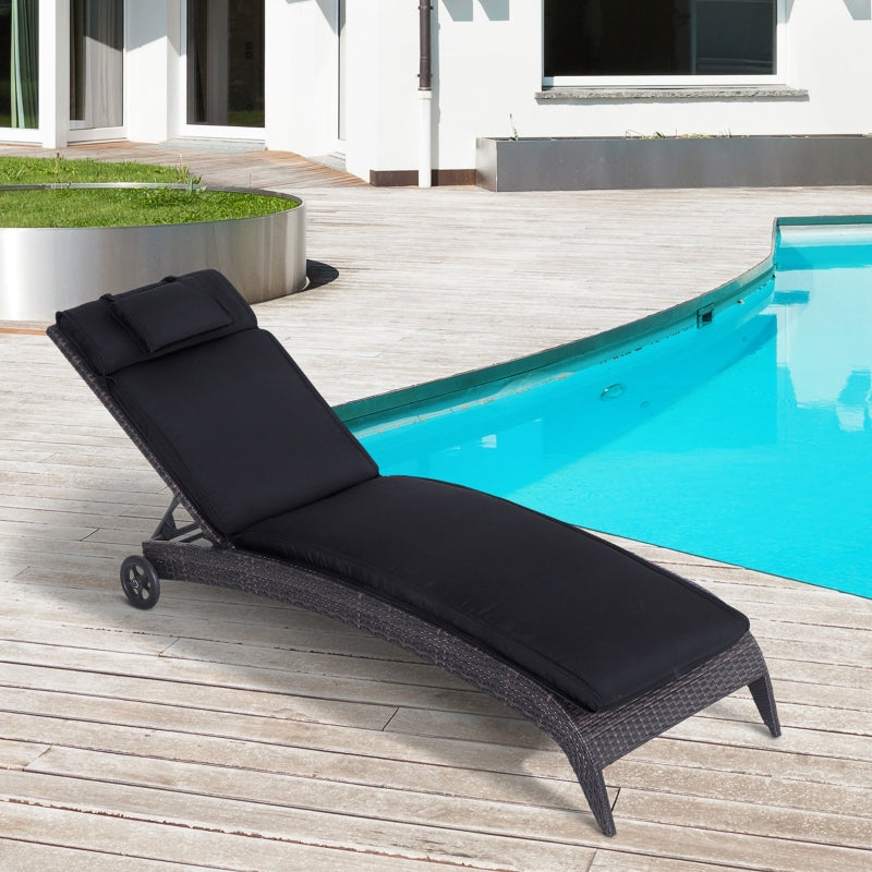 Outsunny Garden Sun Lounger Cushion Replacement Thick Sunbed Reclining Chair Relaxer Pad with Pillow - Black