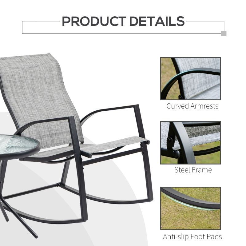 Outsunny 3 Pieces Outdoor Patio Bistro Set w/ 2 Rocking Chairs and Tempered Glass Table for Garden, Porch, Poolside, Grey