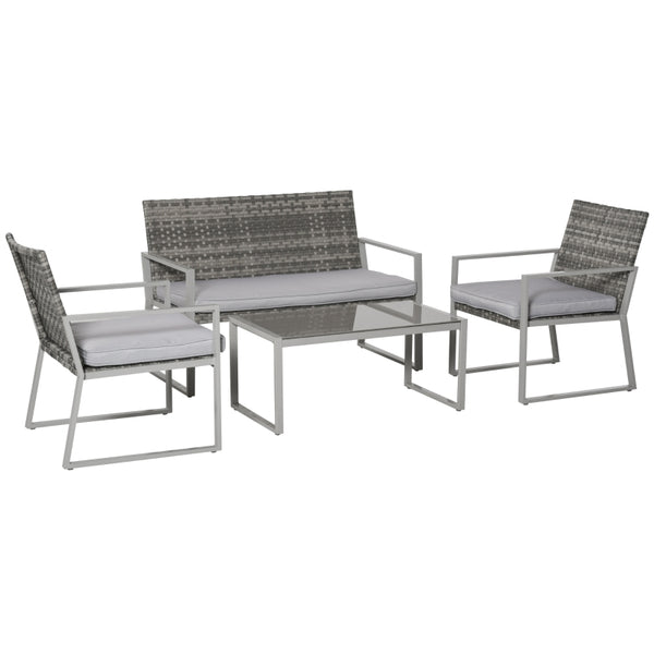 Outsunny 4-Seater Rattan Garden Furniture Set 2 Single Sofa Arm Chairs 1 Bench with Cushions & Coffee Table Patio Backyard Wicker Weave