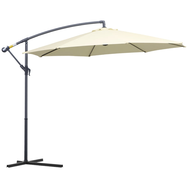 Outsunny 3(m) Garden Cantilever Parasol Patio Banana Hanging Umbrella Sun Shade with Crank & Tilt, 8 Ribs and Cross Base, Cream White