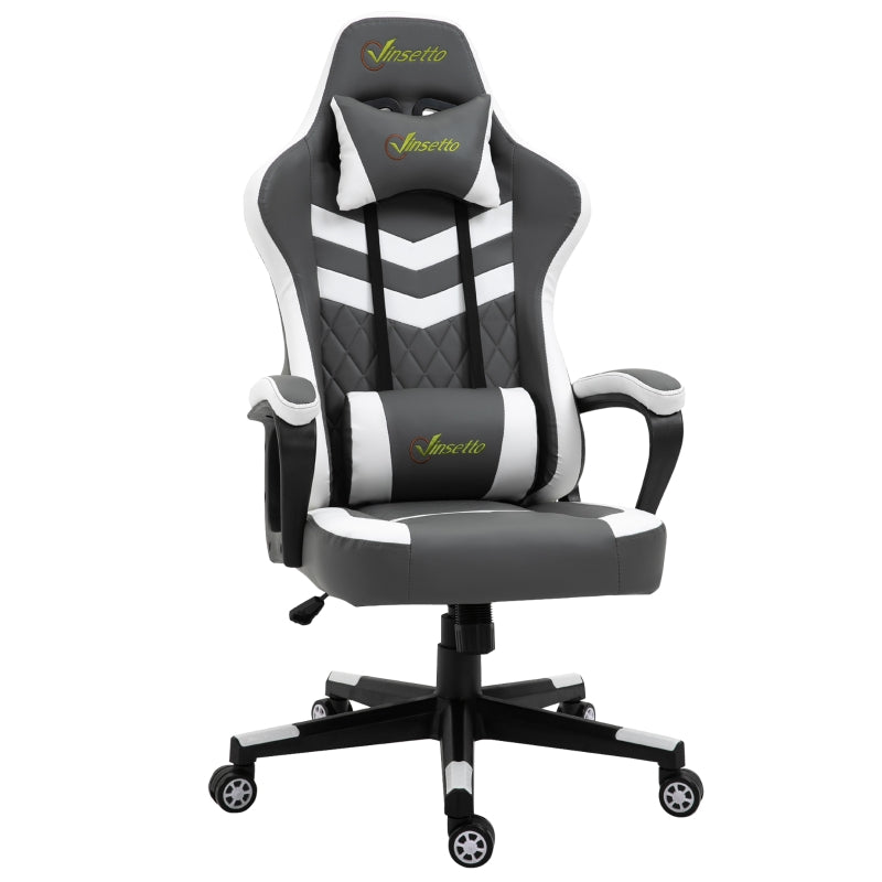 Vinsetto Racing Gaming Chair with Lumbar Support, Headrest, Swivel Wheel, PVC Leather Gamer Desk Chair for Home Office, Grey White