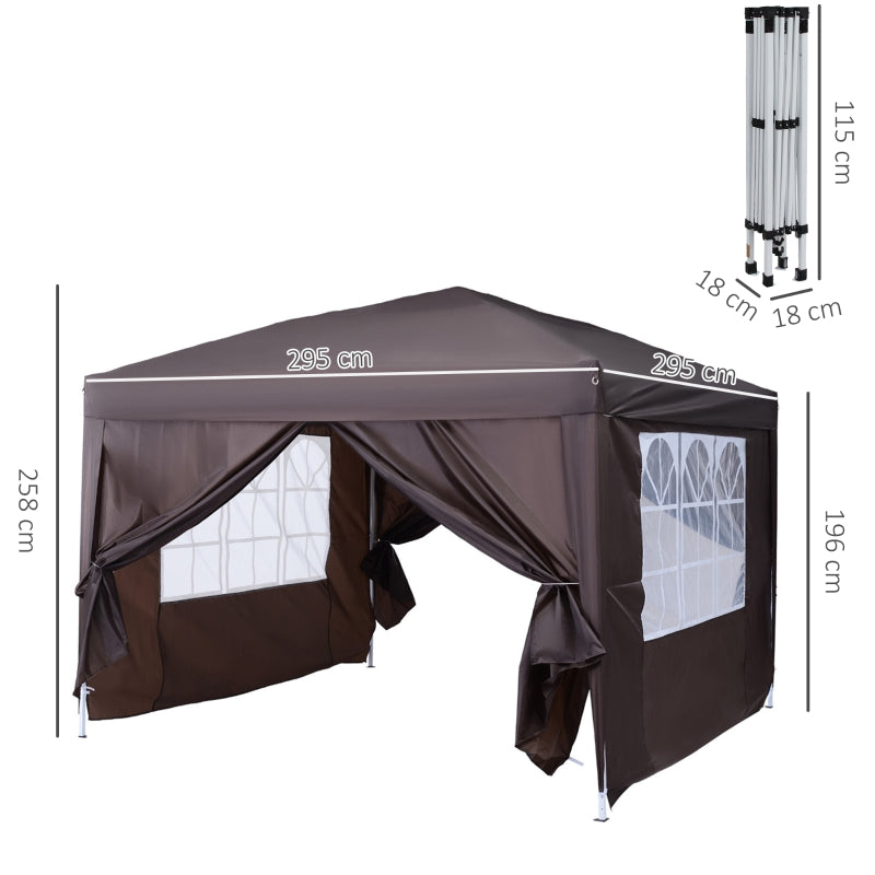 Outsunny 3 x 3 Meters Pop Up Water Resistant Gazebo Wedding Camping Party Tent Canopy Marquee - Coffee + Free Carry Bag + 2 walls 2 windows