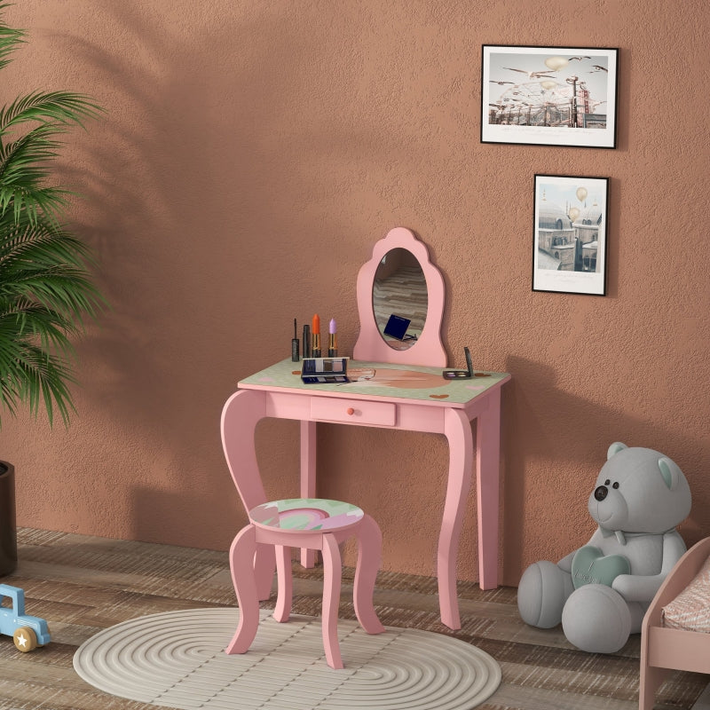 ZONEKIZ Kids Dressing Table with Mirror and Stool, Girls Vanity Table Makeup Desk with Drawer, Cute Animal Design, for 3-6 Years - Pink