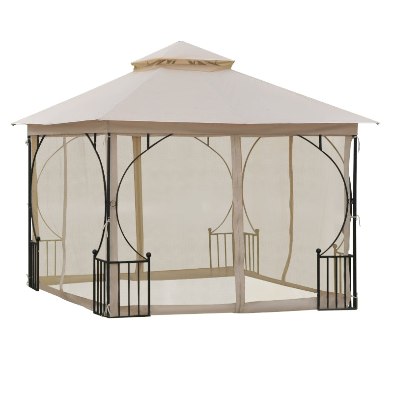 Outsunny 3 x 3 M Garden Gazebo Patio Party Tent Shelter Outdoor Canopy Double Tier Sun Shade Metal Frame Beige