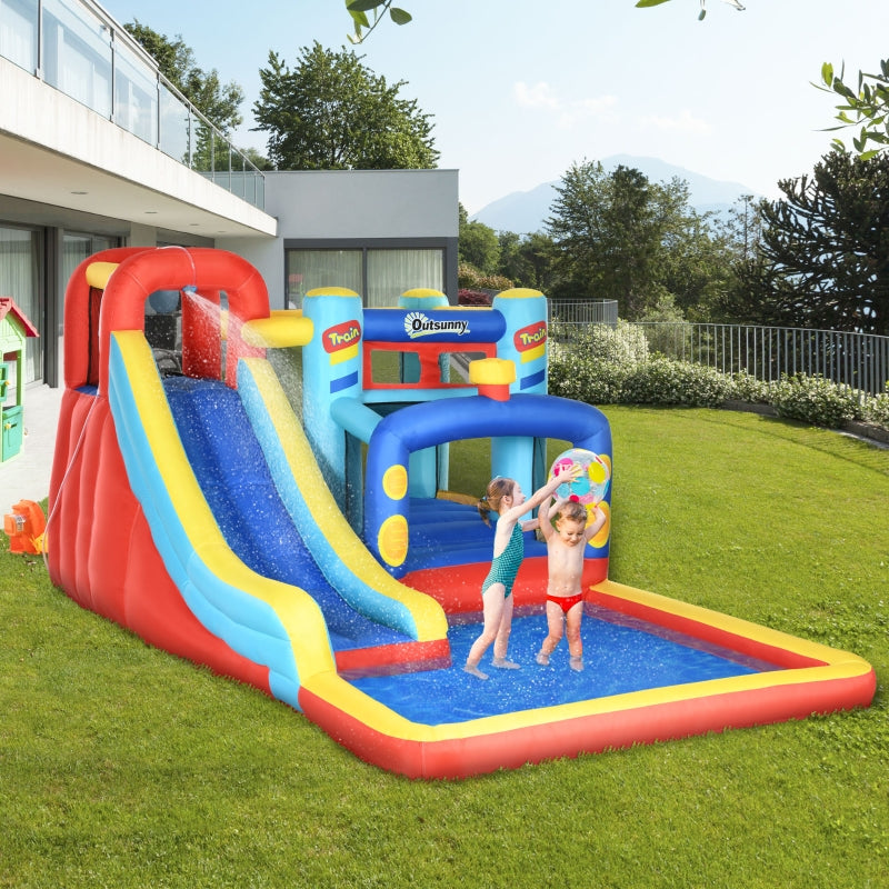 Outsunny 4 in 1 Bouncy Castle, with Slide, Pool, Trampoline, Climbing Wall, Blower - Multicoloured