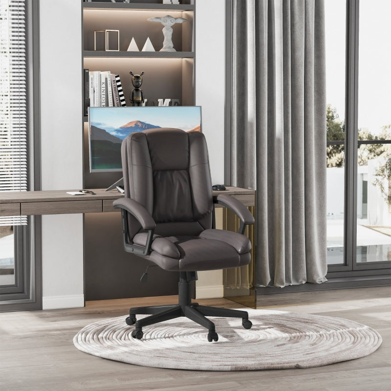 HOMCOM Swivel Executive Office Chair Mid Back Faux Leather Computer Desk Chair for Home with Double-Tier Padding, Arm, Wheels, Brown