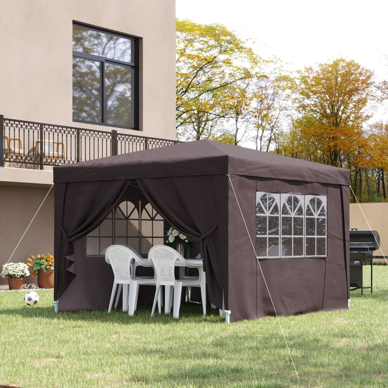 Outsunny 3 x 3 Meters Pop Up Water Resistant Gazebo Wedding Camping Party Tent Canopy Marquee - Coffee + Free Carry Bag + 2 walls 2 windows