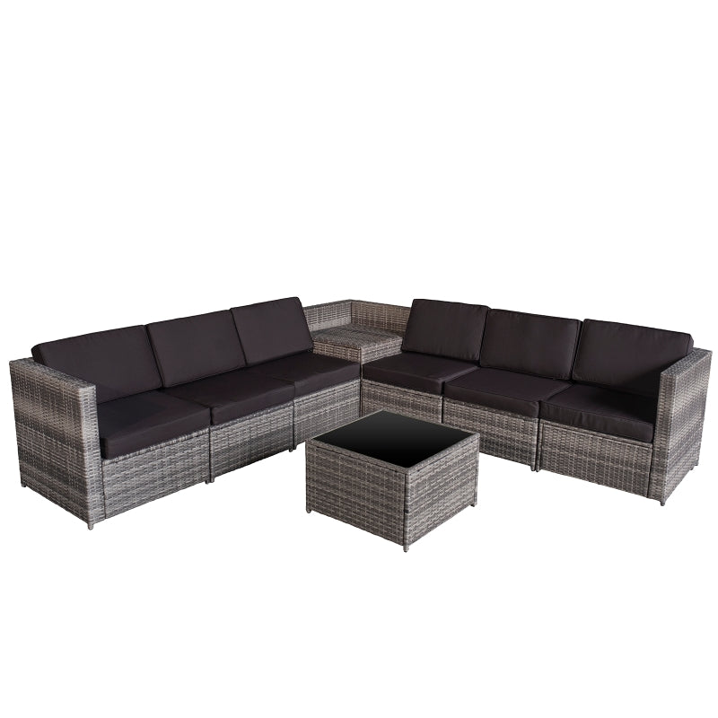 Outsunny 6 Seater Rattan Garden Furniture Patio Rattan Sofa and Table Set with Cushions 8 pcs Corner Wicker Seat Grey