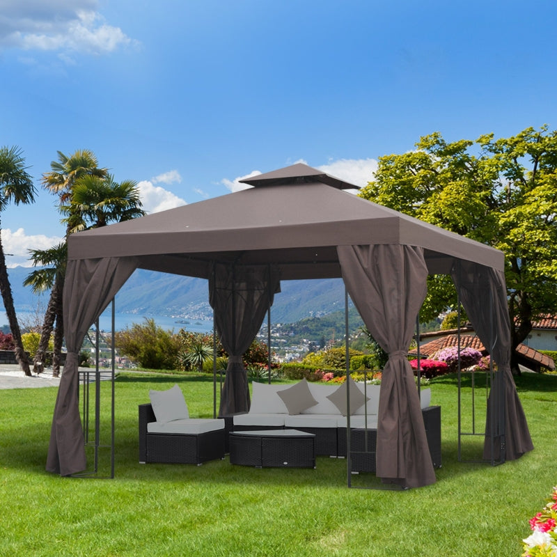 Outsunny 3 x 3 m Garden Metal Gazebo Marquee Patio Wedding Party Tent Canopy Shelter with Pavilion Sidewalls (Brown)