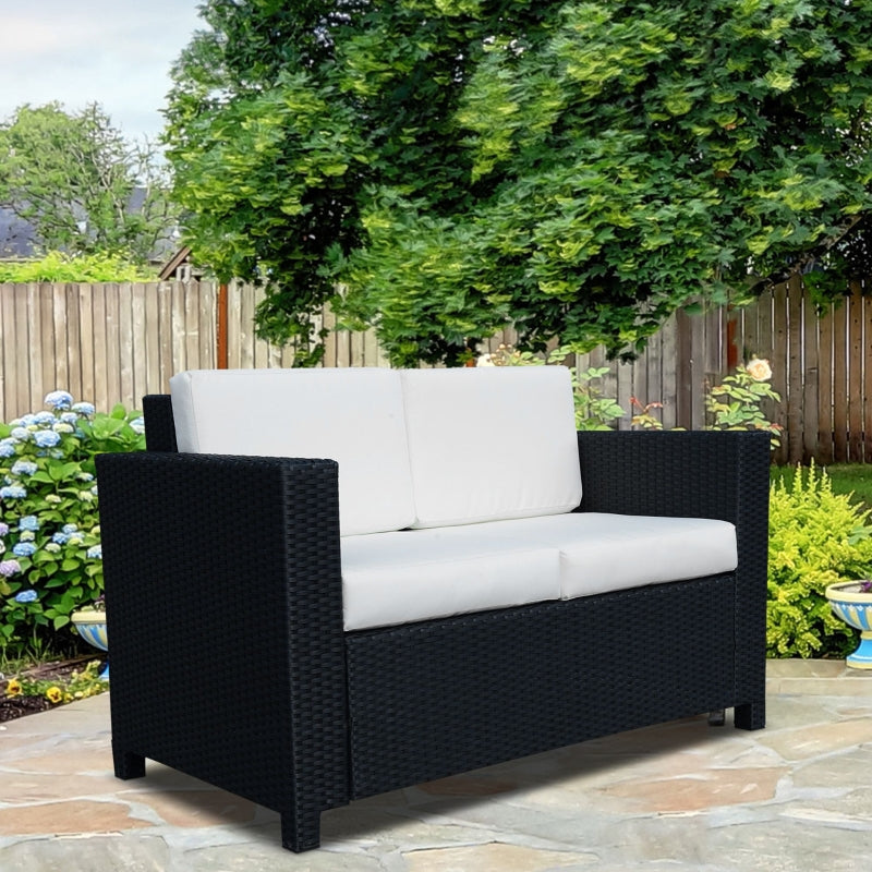 Outsunny Garden Rattan Sofa 2 Seater Outdoor Garden Wicker Weave Furniture Patio 2-Seater Double Couch Loveseat Black