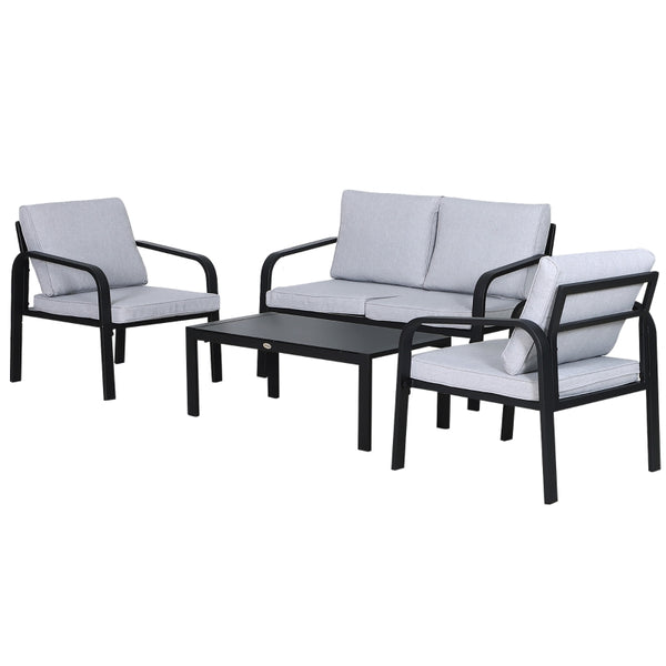 Outsunny 4 Pcs Aluminium Frame Garden Dining Set w/ 2 Chairs Sofa Glass Top Table Foam Cushions Sleek Contemporary Tough Durable Grey Black