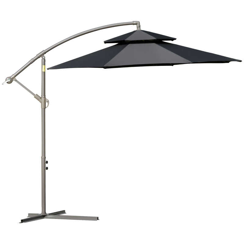 Outsunny 2.7m Banana Parasol Cantilever Umbrella with Crank Handle , Double Tier Canopy and Cross Base for Outdoor, Hanging Sun Shade, Black