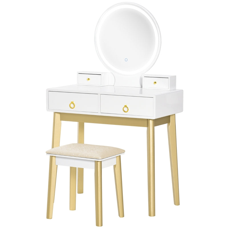 HOMCOM Dressing Table Set with Mirror, Built-in 3 Color LED Light, Vanity Makeup Table with 4 Drawers and Cushioned Stool for Bedroom, White