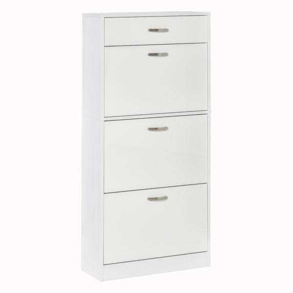 HOMCOM Shoe Cabinet with 4 Drawers Storage High Gloss Cupboard with Flip Doors Pull Down Furniture Unit with Adjustable Shelves for 18 Pairs White