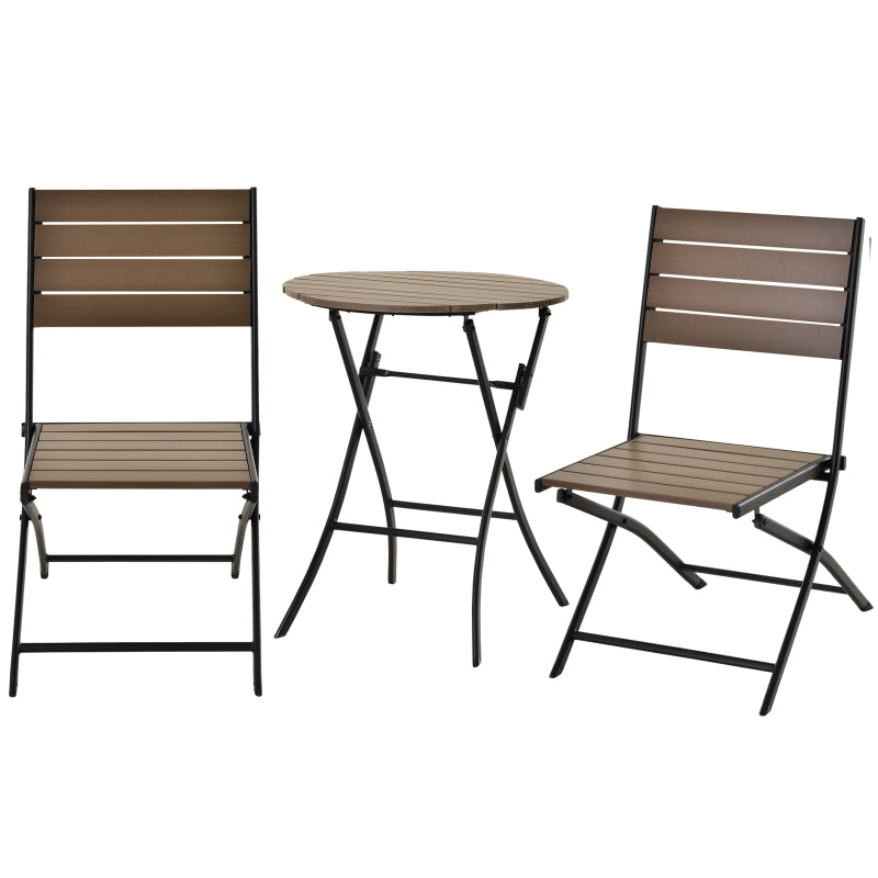 Outsunny 3 Pcs Folding Bistro Dining Set 2 Single Chair 1 Dining Table Metal Frame Plastic Panel Slatted Compact Garden Outdoor Apartment Black&Brown