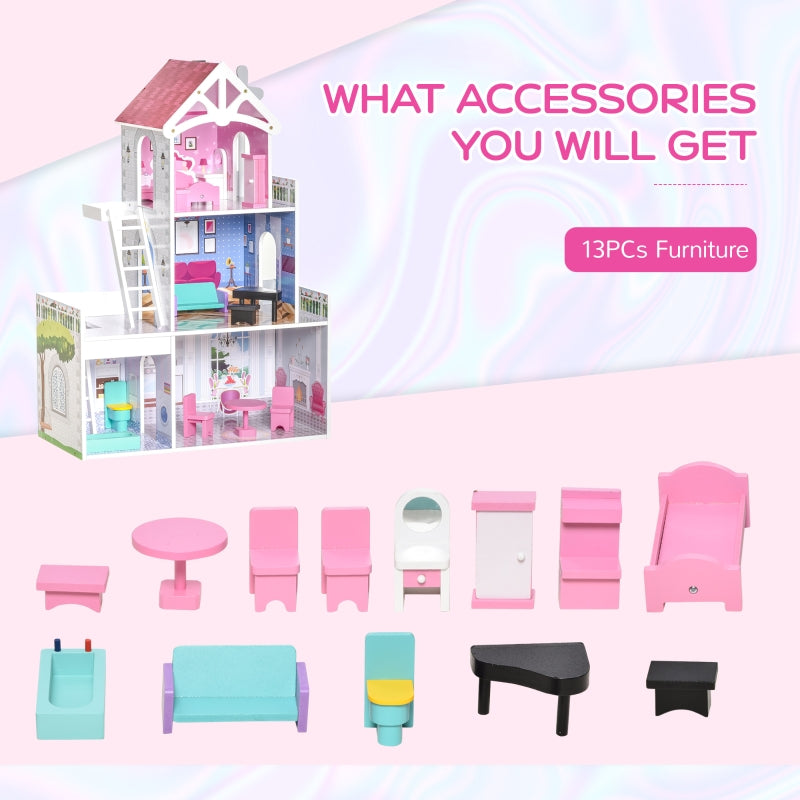 HOMCOM Kids Dollhouse Dreamhouse Villa for Toddler Girls Multi-level House for Children with Furniture Accessories Kit Pink