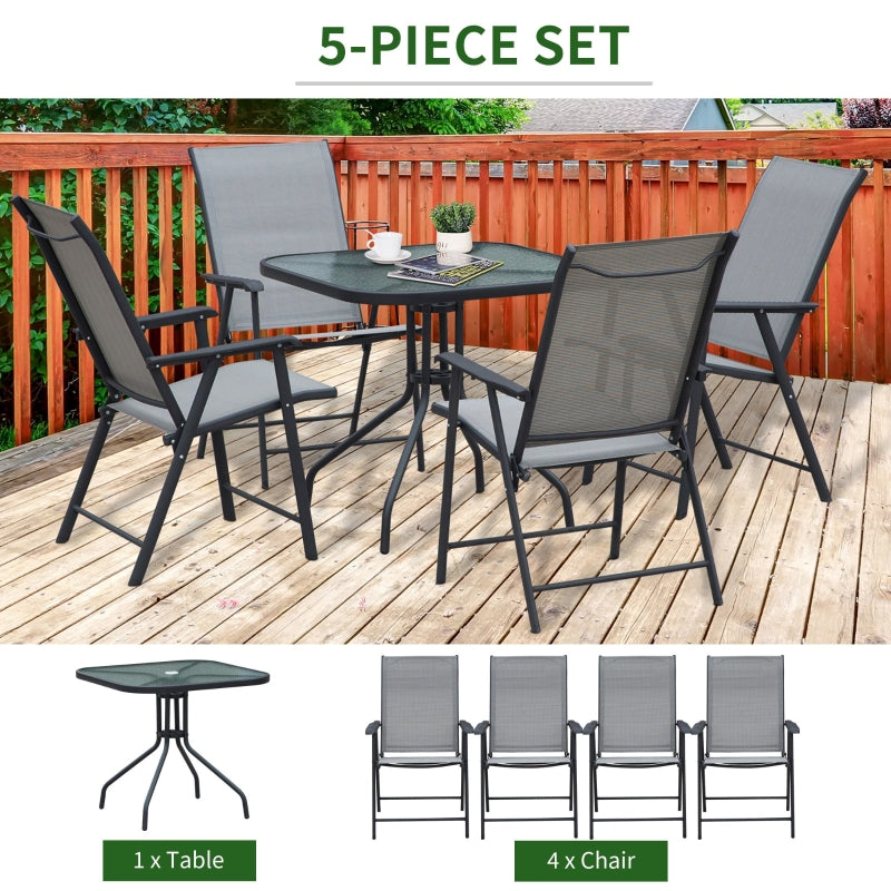 Outsunny 5pcs Classic Outdoor Dining Set Steel Frames w/ 4 Folding Chairs Glass Top Table Texteline Seats Parasol Hole Garden Dining Black Grey