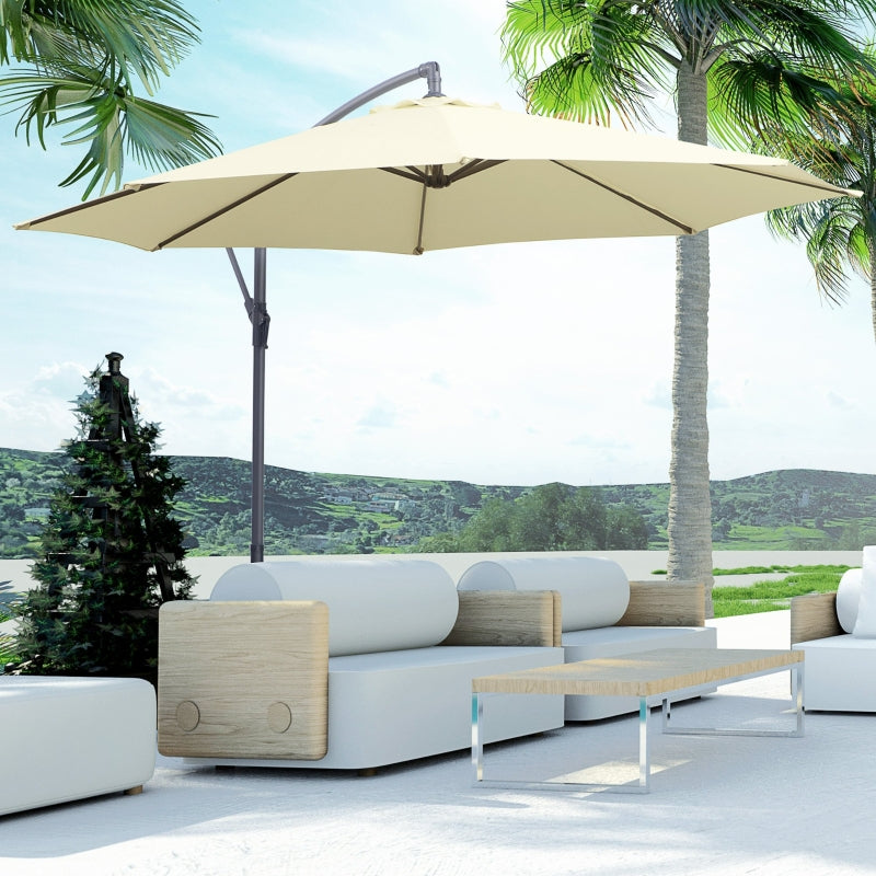 Outsunny 3(m) Garden Cantilever Parasol Patio Banana Hanging Umbrella Sun Shade with Crank & Tilt, 8 Ribs and Cross Base, Cream White