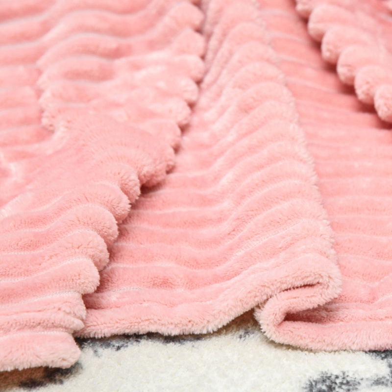 HOMCOM Flannel Fleece Throw Blanket, Fluffy Warm Throw Blanket, Striped Reversible Travel Bedspread, Single Size, 152 x 128cm, Pink