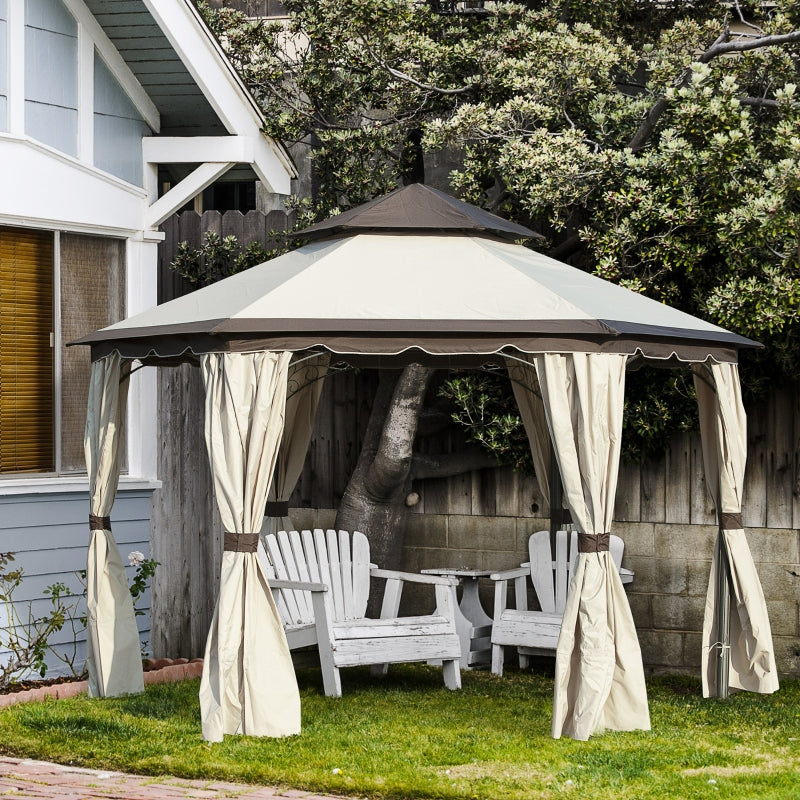 Outsunny 3.4m Steel Gazebo Canopy Party Tent Garden Pavilion Patio Shelter with Curtains & 2 Tier Roof, Beige