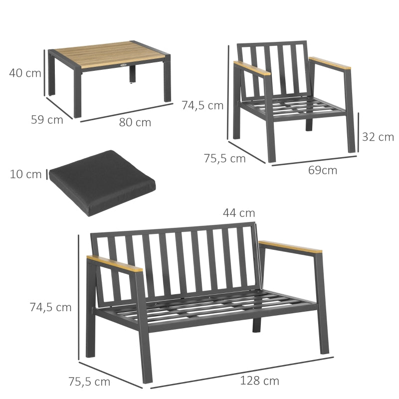 Outsunny 4 Piece Garden Sofa Set with Padded Cushions, 4-Seater Aluminium Outdoor Conversation Furniture Set with Coffee Table, Grey