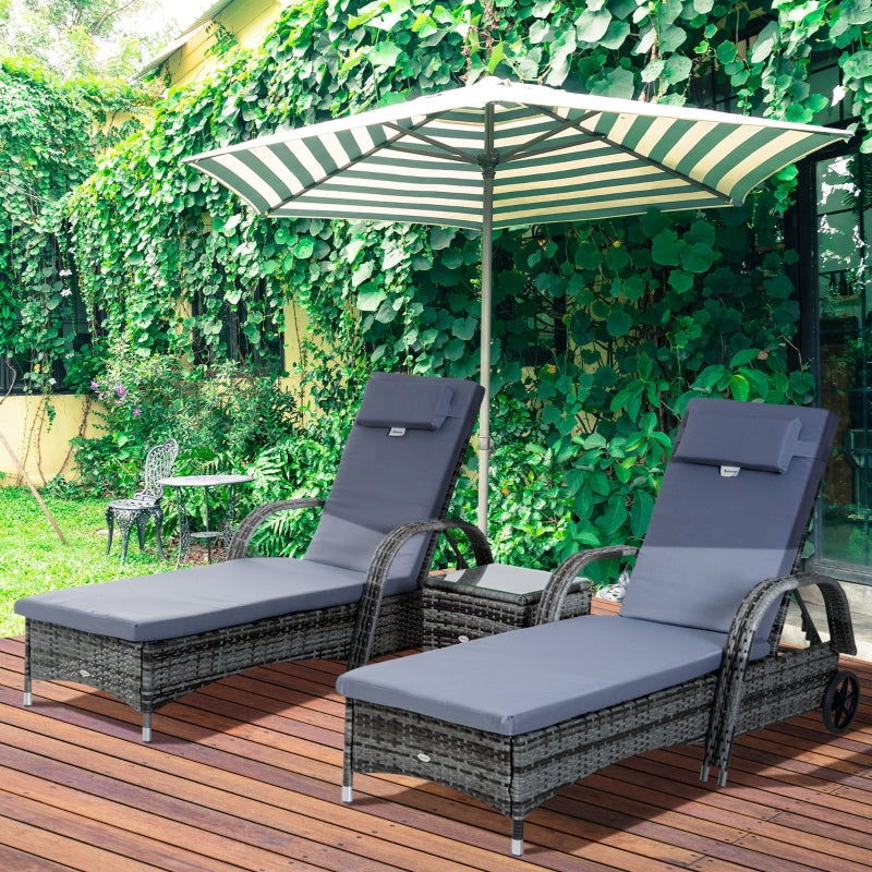 Outsunny 3 Pieces Rattan Sun Loungers, Garden Wicker Wheeling Recliner , PE Rattan Lounge Chairs w/ Cushions & Side Coffee Table Grey