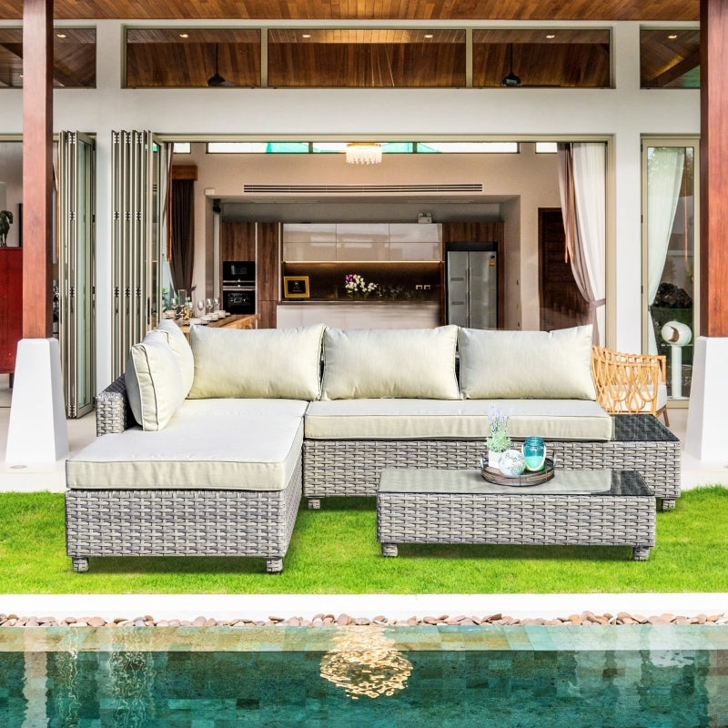 Outsunny 3 Pieces Outdoor PE Rattan Sofa Set, Patio Wicker Sectional Conversation Aluminium Frame Furniture Set, 4-Level Adjust Backrest Chaise Lounge