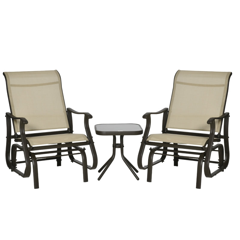 Outsunny Set of 3 Gliding Chair & Tea Table Set, Outdoor Rocker Set with 2 Armchairs, Tempered Glass Tabletop, Khaki