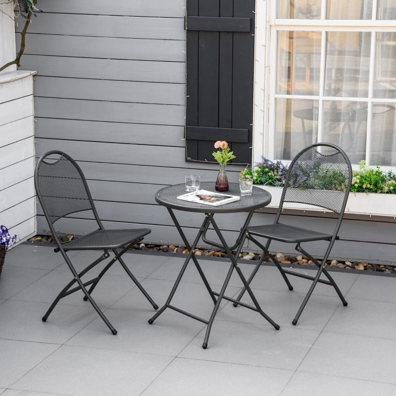 Outsunny 3 Piece Garden Bistro Set w/ Folding Design Mesh Metal Outdoor Coffee Table Set Two Chairs Black