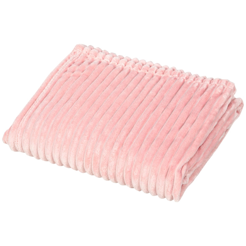 HOMCOM Flannel Fleece Throw Blanket, Fluffy Warm Throw Blanket, Striped Reversible Travel Bedspread, Single Size, 152 x 128cm, Pink