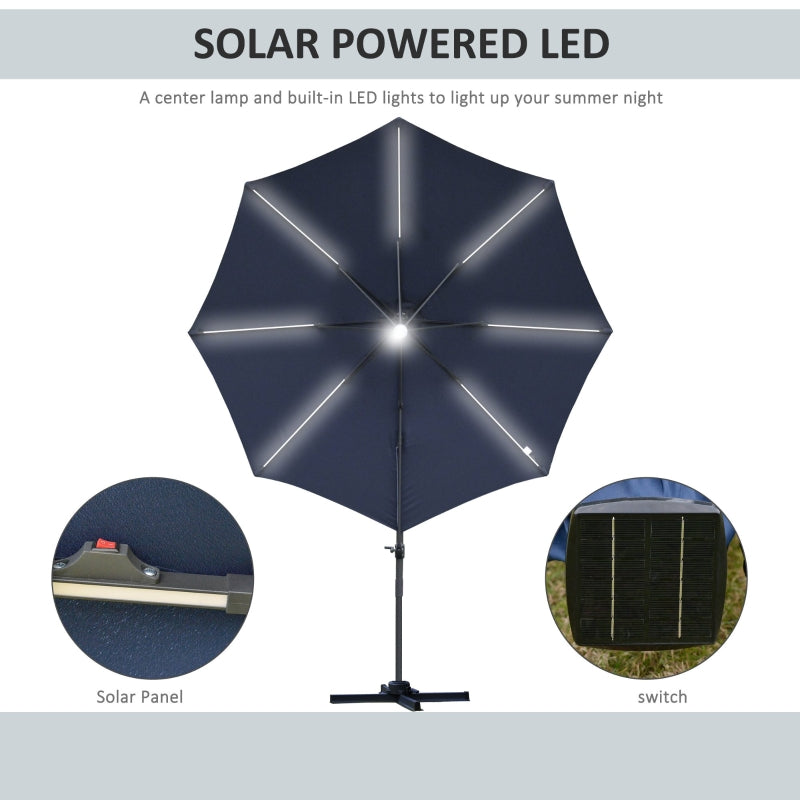 Outsunny 3(m) Cantilever Roma Parasol Garden Sun Umbrella Outdoor Patio with LED Solar Light Cross Base 360° Rotating, Blue