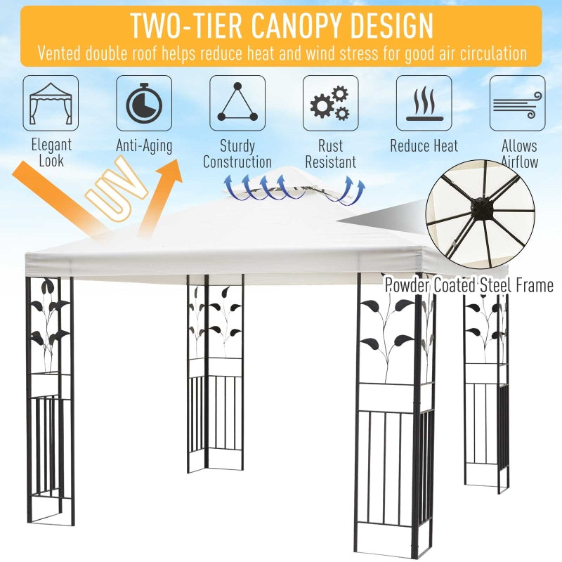 Outsunny 3 x 3m Outdoor Garden Steel Gazebo with 2 Tier Roof, Patio Canopy Marquee Patio Party Tent Canopy Shelter Vented Roof Decorative Frame Cream