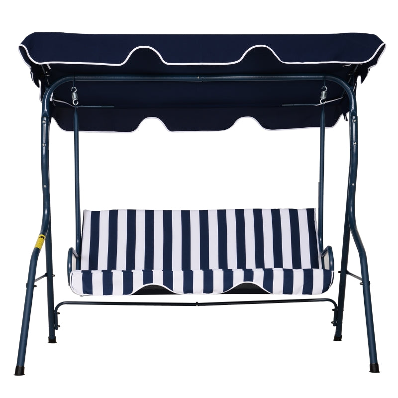 Outsunny 3 Seater Garden Swing Chair， Outdoor Garden Bench with Adjustable Sun Cover and Metal Frame - Blue Stripes