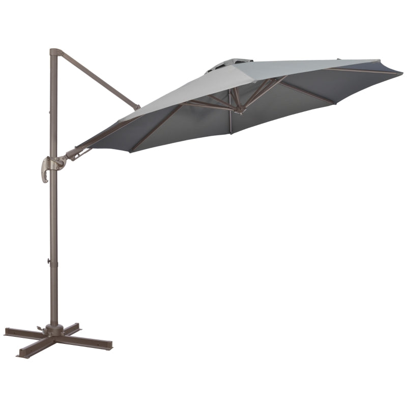 Outsunny 3(m) Cantilever Parasol 360° Rotation Roma Umbrella Hanging Sun Shade with Aluminum Frame, Tilt Crank, 8 Ribs and Cross Base, Dark Grey