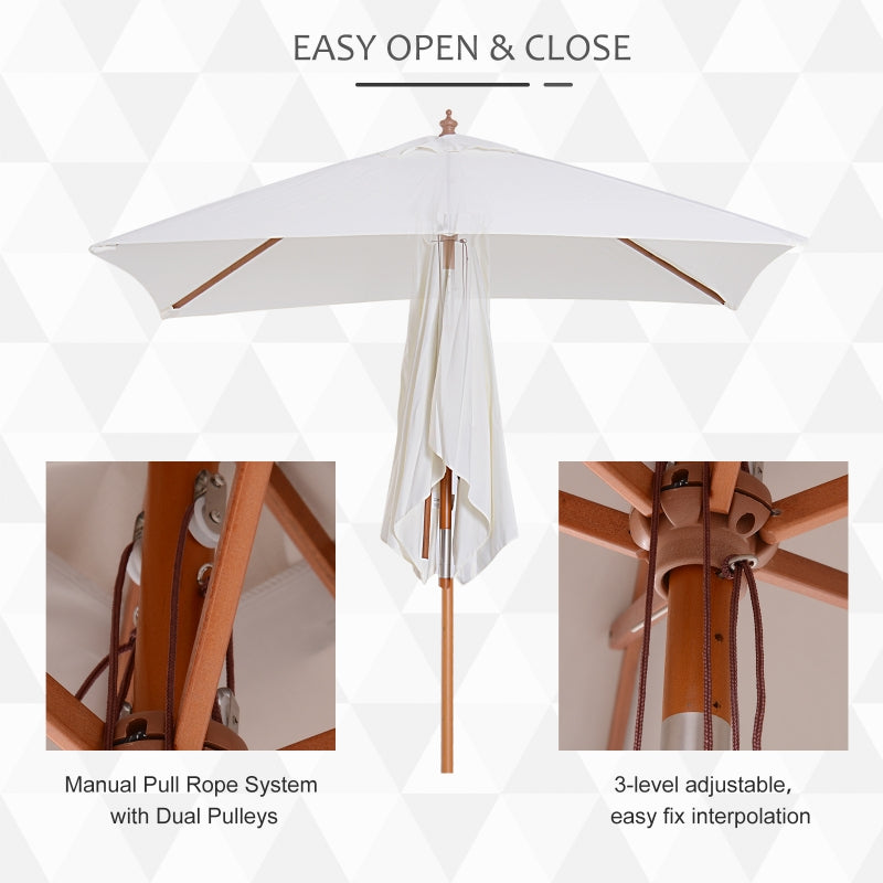 Outsunny 2m x 1.5m Patio Garden Parasol Sun Umbrella Sunshade Canopy Outdoor Backyard Furniture Fir Wooden Pole 6 Ribs Tilt Mechanism -  Cream White