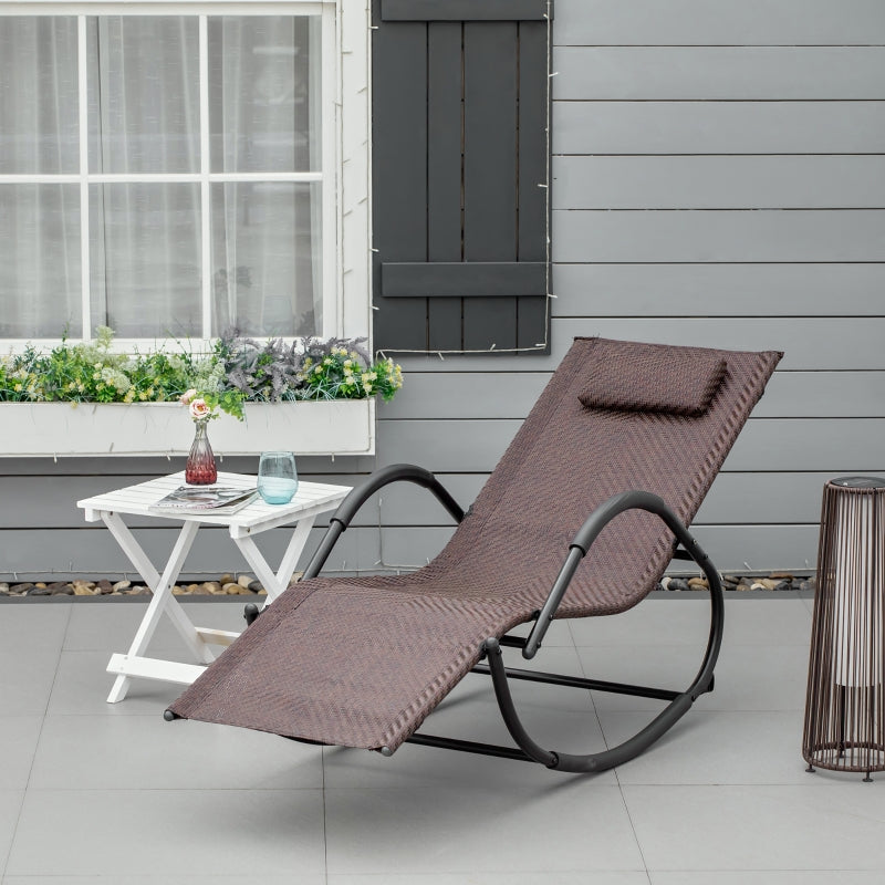 Outsunny Rocking Chair Zero Gravity Rocking Lounge Chair Rattan Effect Patio Rocker w/ Removable Pillow Recliner Seat Breathable Texteline - Brown