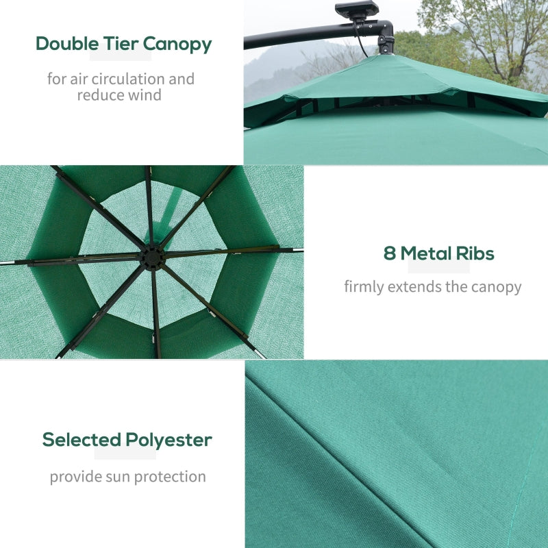 Outsunny 3(m) Cantilever Parasol Banana Hanging Umbrella with Double Roof, LED Solar lights, Crank, 8 Sturdy Ribs and Cross Base Green